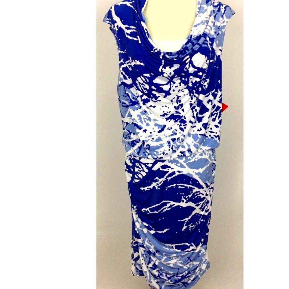 NWT Miraclesuit Shapewear Blue White Ruched Sheath Dress 12 Cowl Neck Slimming